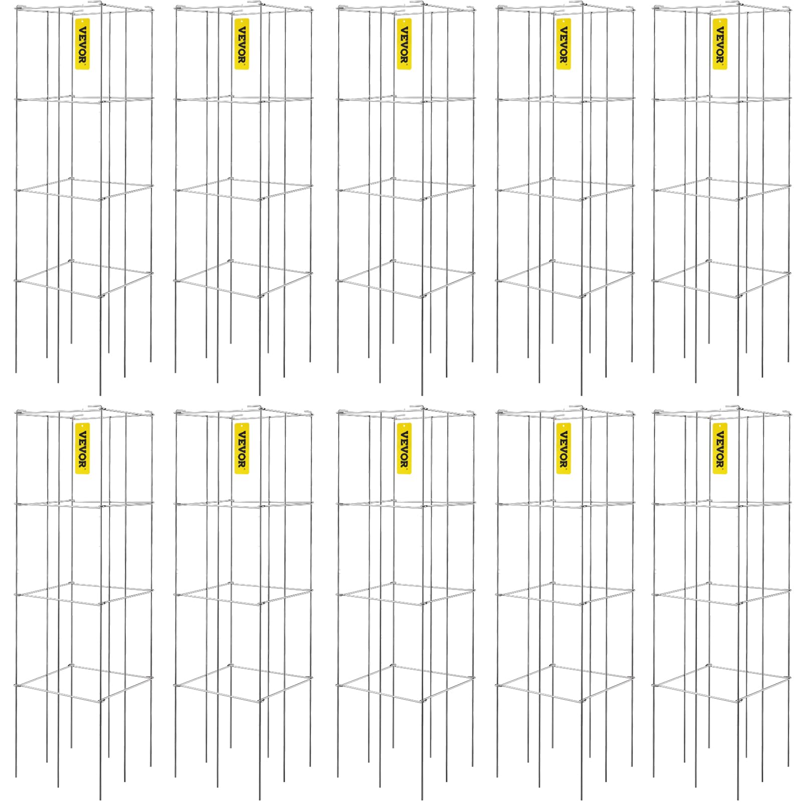 Vevor Tomato Cages, 11.8' X 11.8' X 46.1', 10 Packs Square Plant Support Cages, Silver Pvc-Coated Steel Tomato Towers For Cli